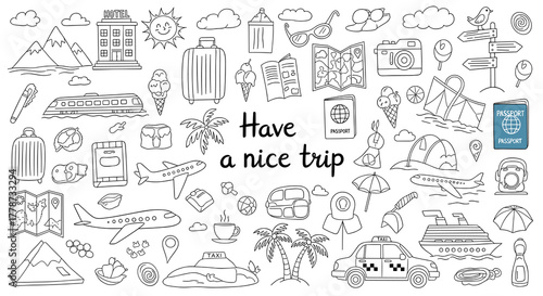 Delightful Travel Doodle Collection: Plan Your Next Adventure with Hand-Drawn Icons of Hotels, Planes, and Beach Getaways for Summer Vacation Planning and Tourism Marketing, Travel-Themed Illustration
