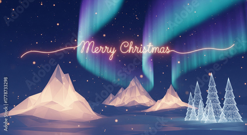 Low-Poly Winter Wonderland under Aurora Borealis and Wireframe Christmas Trees
