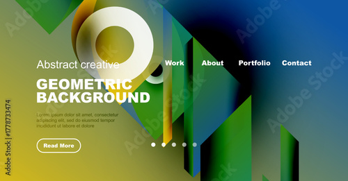 Modern website mockup displays abstract geometric design. Vibrant colors, text elements, navigation present. Clean layout, professional aesthetic.