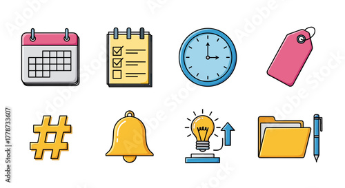 Colorful Icon Set Depicting Business and Productivity Tools for Project Management, Appointments and Deadlines in a Modern Office Setting, Ideal for Presentations and Website Graphics with Scheduling,