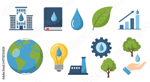 Water Conservation & Environmental Sustainability Illustration: Showcasing water management, resource preservation for a sustainable future, corporate responsibility, eco-friendly innovation, clean en
