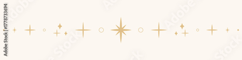 Celestial star border, golden line sparkle divider, simple elegant ornament. Festive shiny space elements. Magic separator, spiritual decoration.