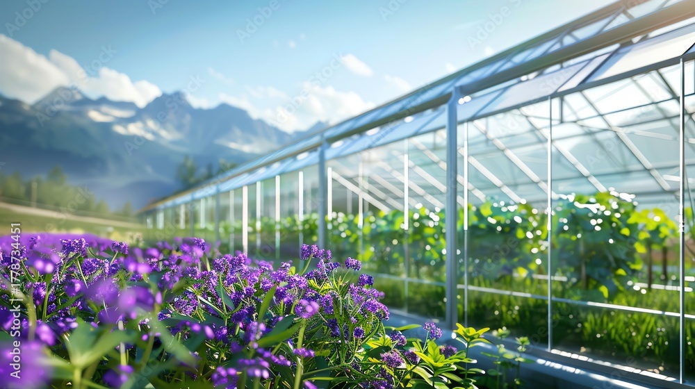 Fototapeta premium Lush greenhouse with vibrant flowers and plants.