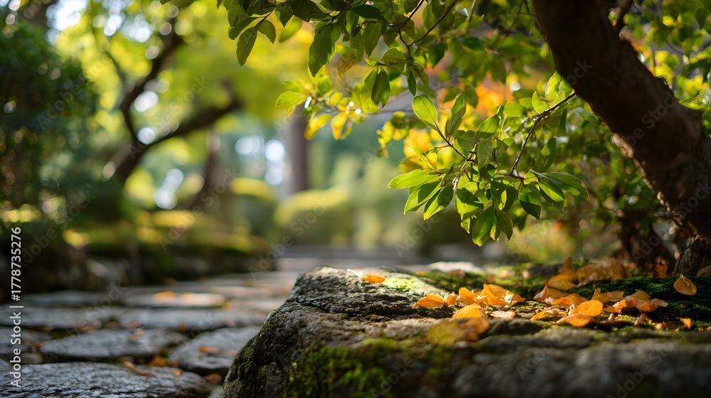 Obraz premium Japanischer Garten mit Steinweg und grünem Laub im Sonnenlicht