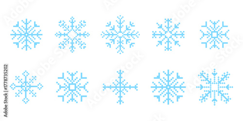 Set y2k pixel art snowflake winter crystal, retro 8 bit mosaic ornament. Ice seasonal design element, background. 90s aesthetics vintage games.