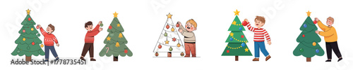 Happy Boys Decorating Christmas Tree Flat Design Vector Set