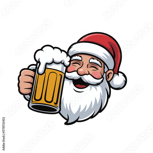 Cartoon Santa Claus Holding a Beer Mug, Jolly Santa Mascot with a Frothy Beer, Christmas or Holiday Beer Illustration,