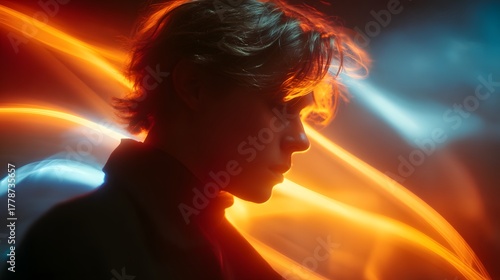 Profile silhouette of a young person illuminated by vivid streaks of warm and cool light trails