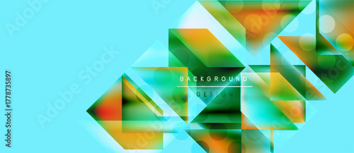 Abstract geometric shapes, vibrant colors, light effects create modern background. Text reads background design. Bright turquoise dominates.