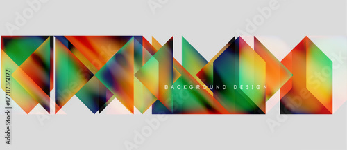 Abstract geometric shapes create vibrant background. Colorful triangles form repeating pattern, modern design element.