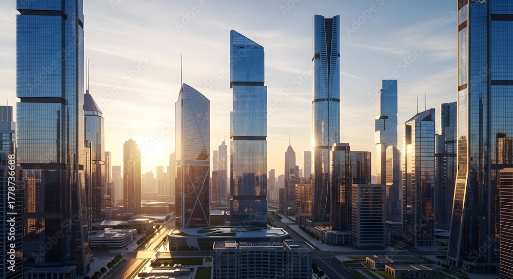 Obraz premium Skyline Symphony: Modern skyscrapers pierce the clouds in a vibrant cityscape, the sun casting long shadows as it illuminates the glass facades and creating an iconic silhouette of urban design.