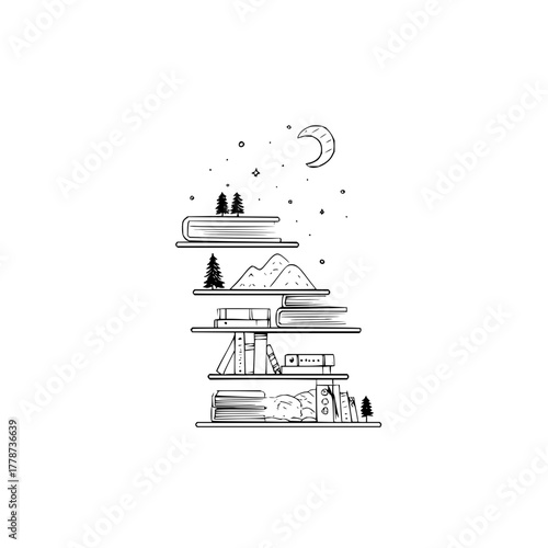 Bookshelf with nature elements drawing vector illustration for book lovers and reading enthusiasts design