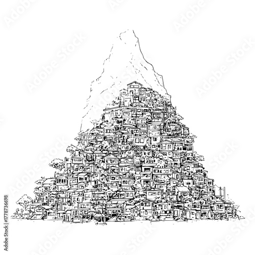 Detailed line art of favela houses on mountain drawing vector illustration art black and white sketch