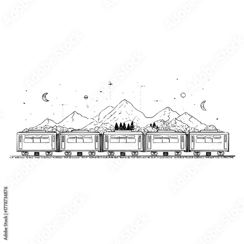 Mountain train travel illustration for adventure seekers and scenic route enthusiasts vector art line drawing