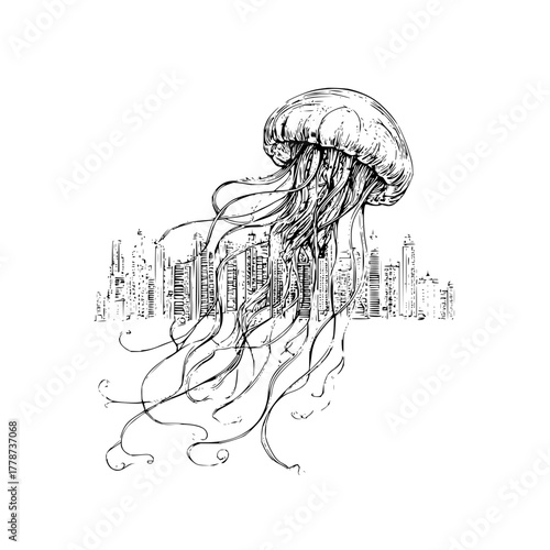 Jellyfish art print surreal city skyline drawing ocean life illustration black and white sketch artwork design