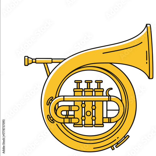 A stylized vector illustration of a polished, golden brass instrument resembling a bugle or simple horn, featuring a mouthpiece, curved tubing, and a flared bell,