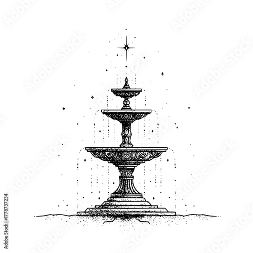 Elegant tiered fountain drawing black and white vintage style illustration for garden design and decor art