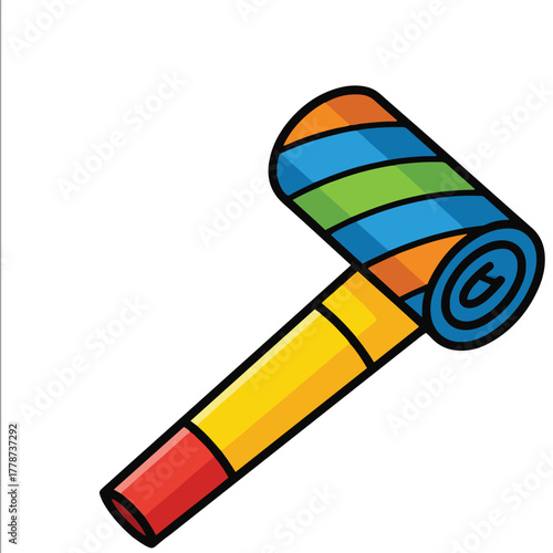 A simple cartoon vector illustration of an unrolled party blower, featuring a yellow tube and a tightly rolled striped paper section in blue, green, and orange, with bold outlines.