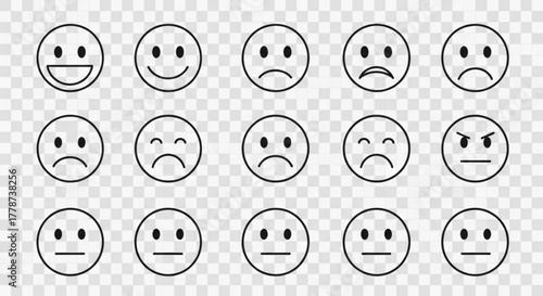 Illustration of fifteen simple black and white emoticon faces expressing various emotions and feelings created with generated ai