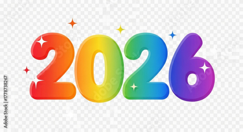 Illustration of the year two thousand and twenty six with rainbow colors and star decorations created with generated ai