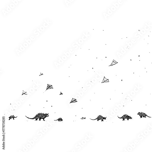 Ankylosaurus dinosaurs and kites flying in the sky black and white illustration drawing art design image