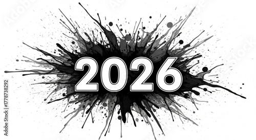 Year two thousand twenty six with black ink splatter background in black and white illustration style created with generated ai