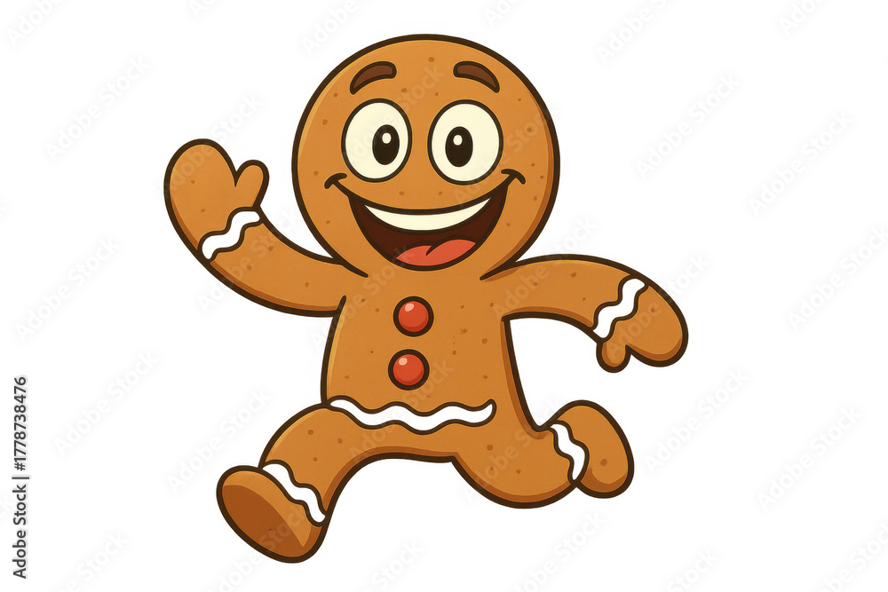 Obraz premium Gingerbread man character happily running and waving. Sweet christmas holiday cookie mascot cartoon smiling, isolated