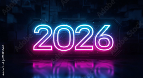 Neon illuminated year two thousand twenty six with blue and pink glow on dark futuristic background created with generated ai