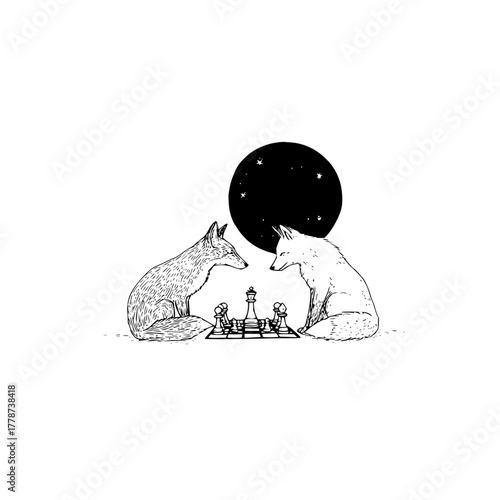 Foxes playing chess art print black and white illustration whimsical animal drawing strategy game concept design