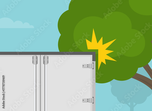 Safe driving tips and rules. Corner of the container hits the low-hanging branches of a tree. Close-up back view. Flat vector illustration template.