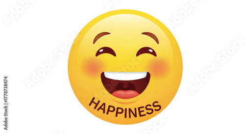 A cartoon style yellow smiley face with the word happiness displayed at the bottom center area created with generated ai