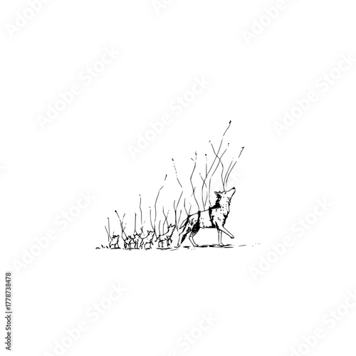 Stylized wolf pack illustration black and white drawing for nature lovers and wildlife enthusiasts art print design
