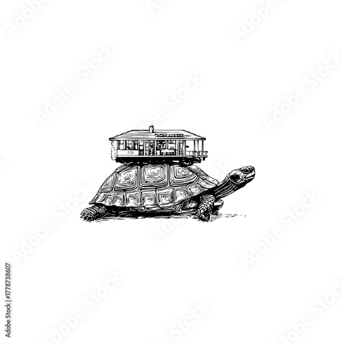 Turtle carrying house drawing illustration black and white animal nature home travel slow life concept