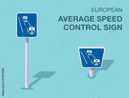 Traffic regulation rules. Isolated european "average speed control" road sign. Front and top view. Flat vector illustration template.
