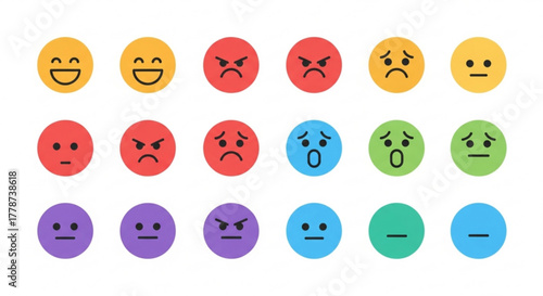 Illustration of a variety of colorful emoji faces expressing different emotions and feelings in a row created with generated ai