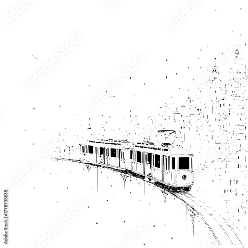 Vintage streetcar illustration: black and white tram drawing on tracks with city background art design