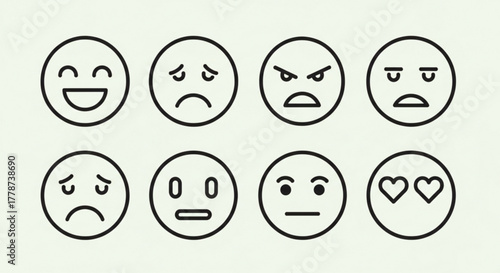 Collection of eight simple line art emoji icons showing different facial expressions and emotions in circles created with generated ai