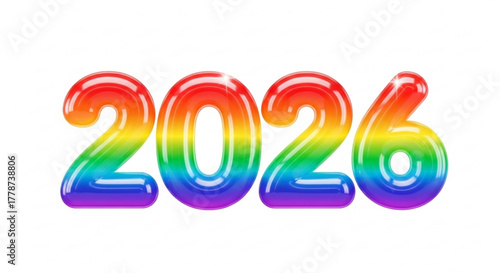 Rainbow colored glossy numerals displaying the year two thousand and twenty six against white backdrop created with generated ai