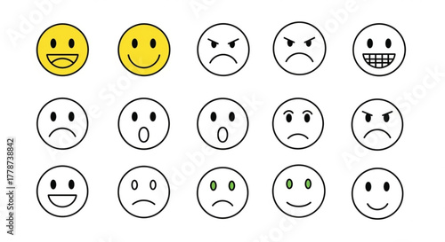Illustration of various yellow and black outline emoji faces expressing different emotions and moods in rows created with generated ai