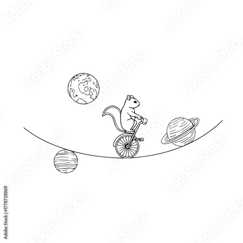 Squirrel on bicycle tightrope walking between planets in space line art illustration design vector