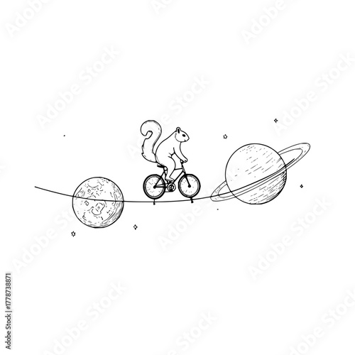 Squirrel on a bicycle riding tightrope between planets illustration space themed art for print and design