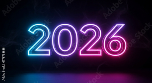 Neon glowing year two thousand twenty six with blue and pink gradient on a dark background created with generated ai