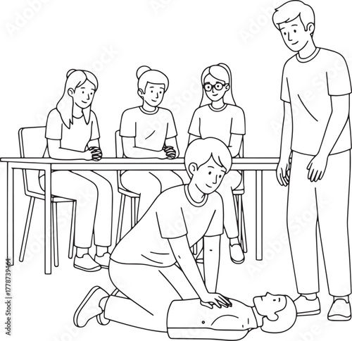 CPR First Aid Training Course with Instructor and Students Practicing on Dummy - Line Art Illustration