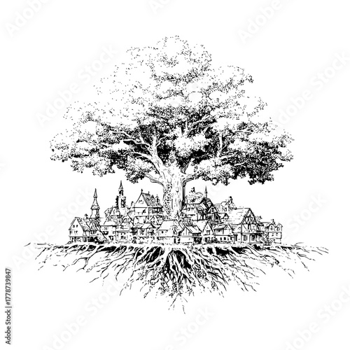 Tree of life village drawing, fantasy landscape art, nature illustration, black and white artwork, detailed sketch