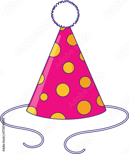 A cheerful vector illustration of a cartoon-style party hat, colored bright pink with yellow polka dots, topped with a white fluffy pom-pom, and featuring thin purple chin straps.