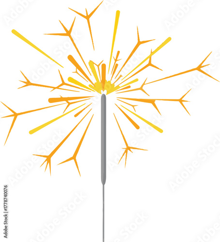 A minimalist vector illustration of a lit sparkler, depicting bright orange and yellow sparks radiating outward from a central point and a thin gray metallic stick, suggesting light and festive energy