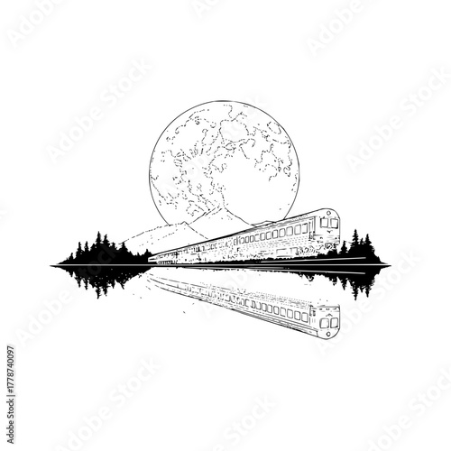 Vintage train travel poster with moon and mountain landscape illustration vector drawing design art 100