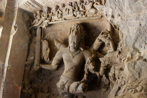 Rock-cut sculpture of the Hindu God Shiva, carved into the Elephanta Caves