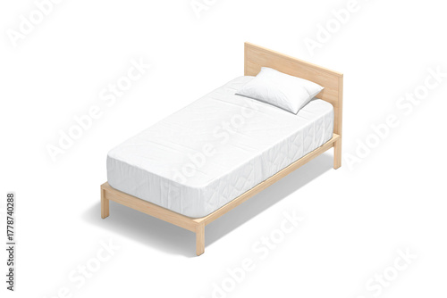 Blank wooden single bed with white bedding mockup, transparent background, png, 3d rendering. Empty small singlebed with pillow and mattress mock up, cut out. Clear beds with cushion and mat sleeping.
