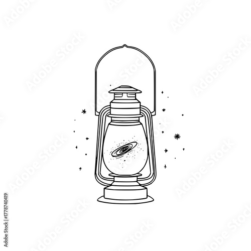 Vintage galaxy lantern illustration, space exploration, astronomy, celestial art, outline drawing, vector design
